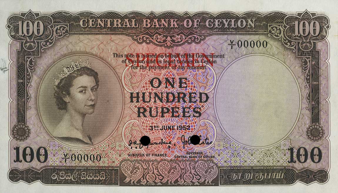 Front of Ceylon p53s: 100 Rupees from 1952