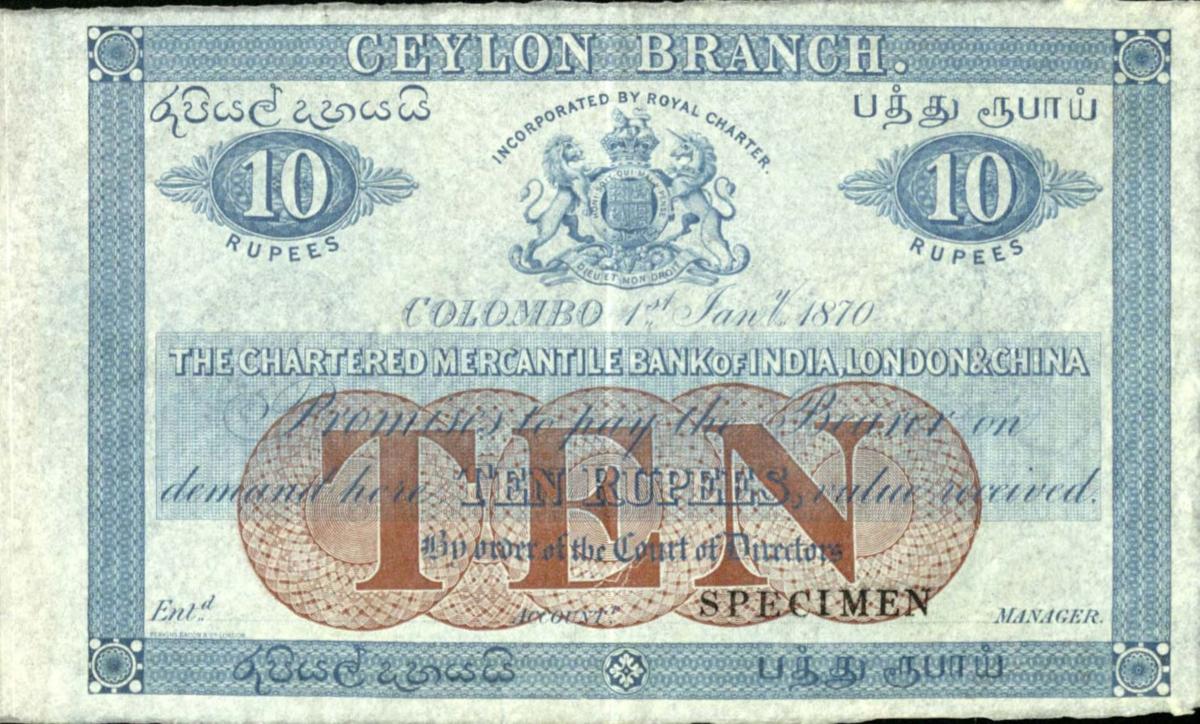 Front of Ceylon pS122p1: 10 Rupees from 1870