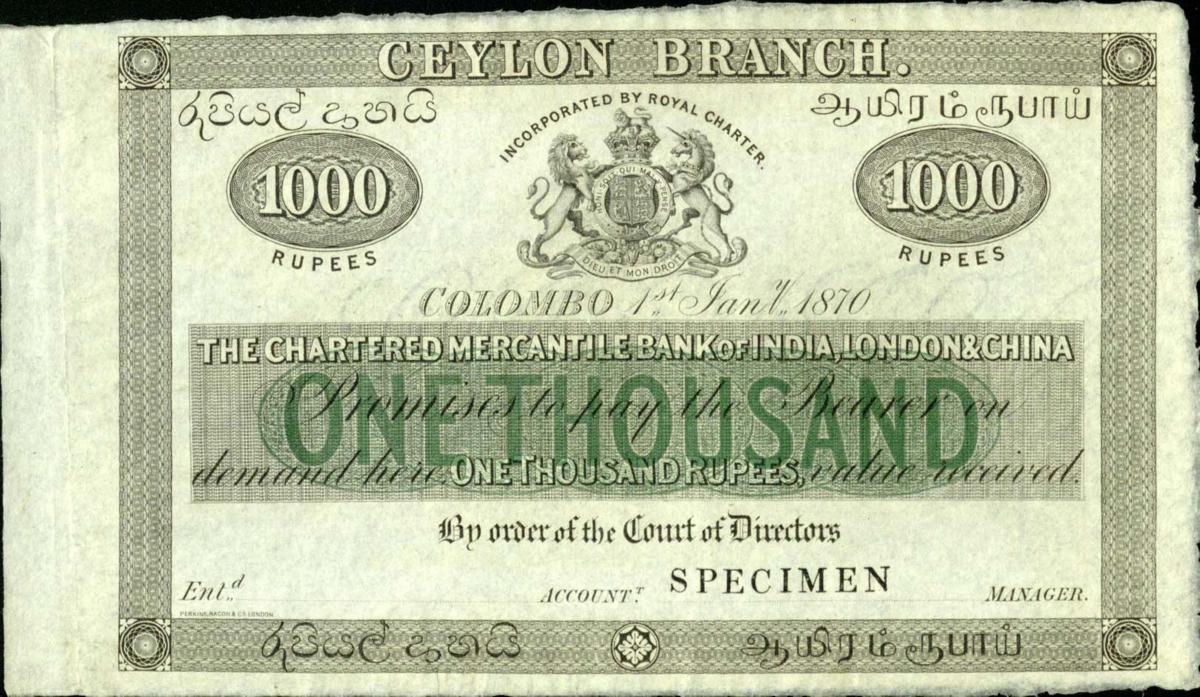 Front of Ceylon pS126p1: 1000 Rupees from 1870