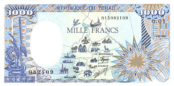 Front of Chad p10: 1000 Francs from 1985