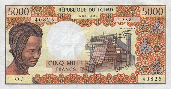 Front of Chad p5b: 5000 Francs from 1978