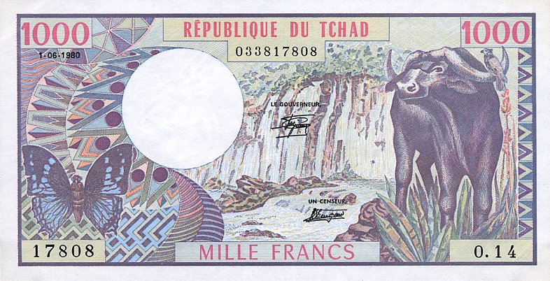Front of Chad p7a: 1000 Francs from 1980