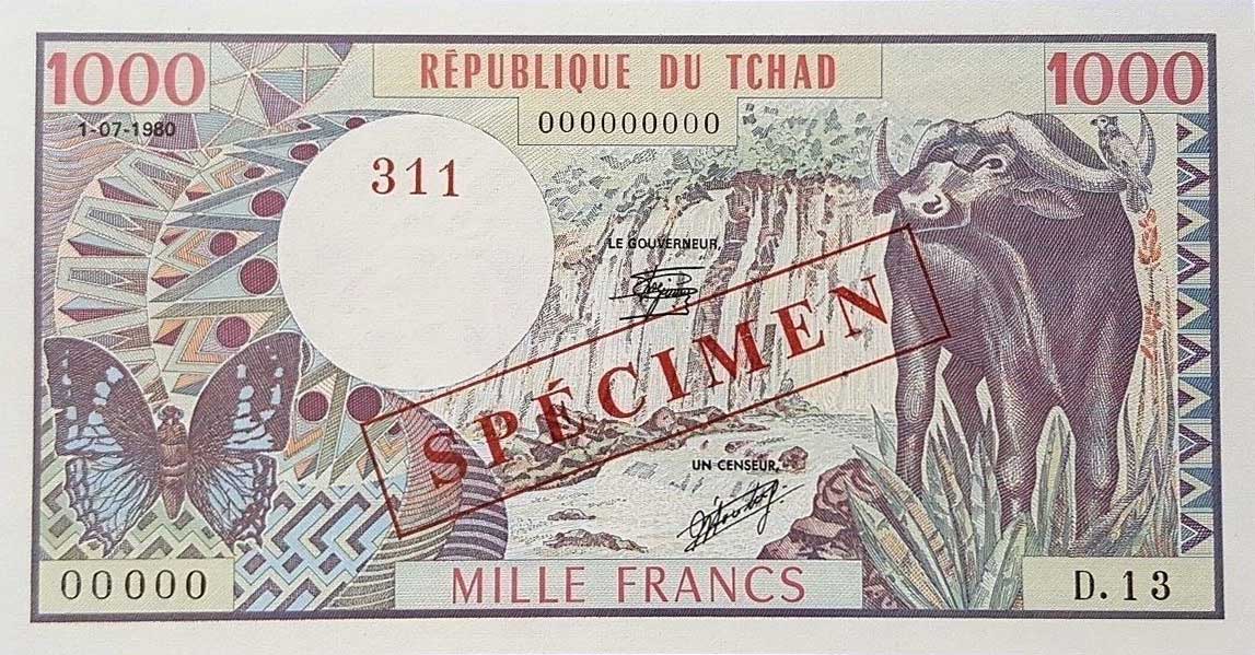 Front of Chad p7s: 1000 Francs from 1980