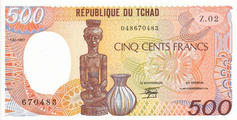 Front of Chad p9b: 500 Francs from 1987