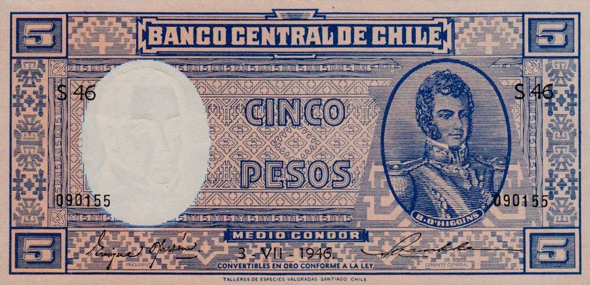 Front of Chile p102: 5 Pesos from 1944