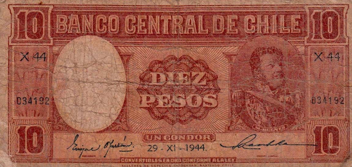 Front of Chile p103: 10 Pesos from 1943