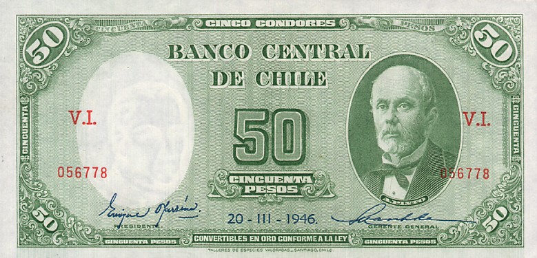 Front of Chile p104: 50 Pesos from 1944