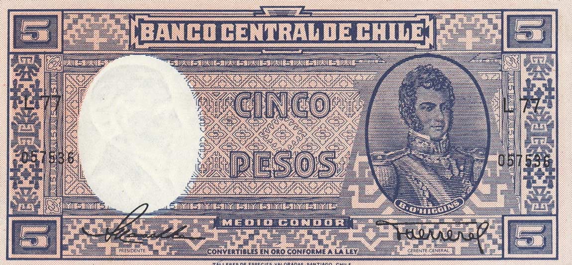 Front of Chile p110: 5 Pesos from 1947