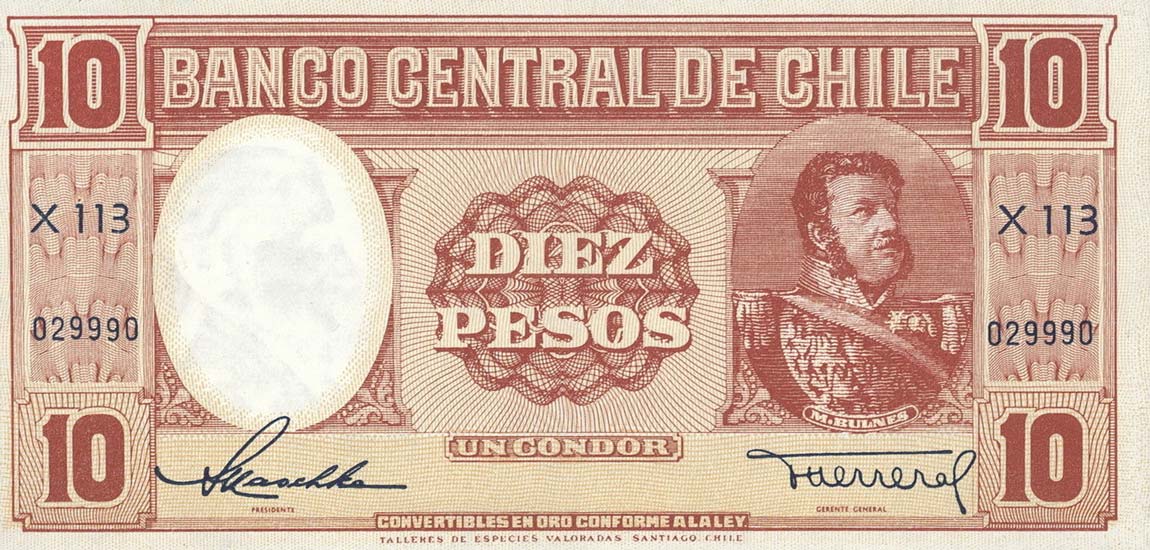 Front of Chile p111: 10 Pesos from 1947