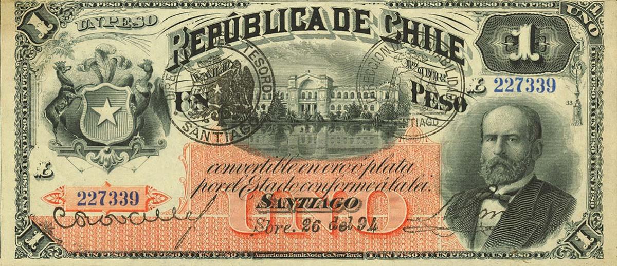 Front of Chile p11b: 1 Peso from 1884