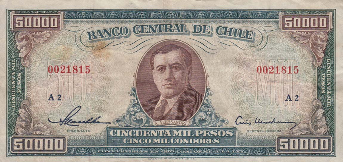 Front of Chile p123: 50000 Pesos from 1958