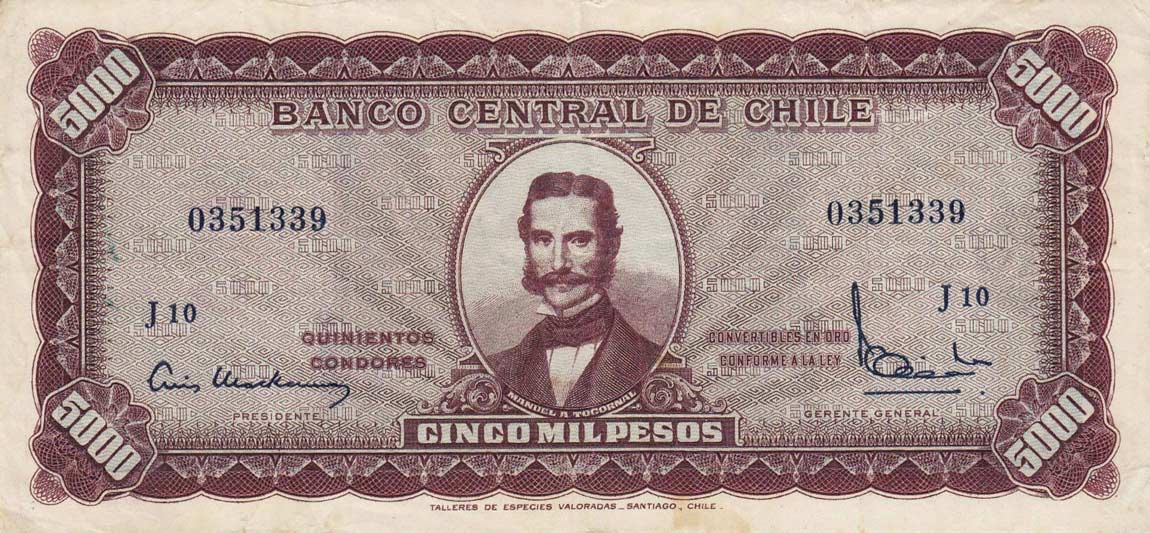 Front of Chile p130: 5 Escudos from 1960