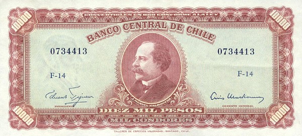Front of Chile p132: 10 Escudos from 1960