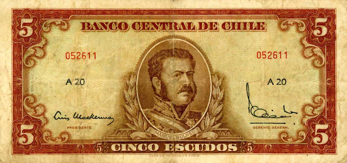 Front of Chile p137a: 5 Escudos from 1962