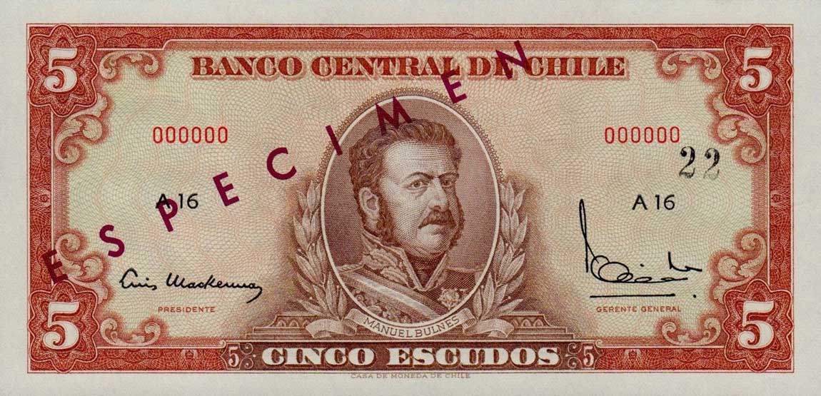 Front of Chile p137s: 5 Escudos from 1962