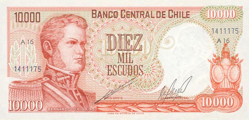 Front of Chile p148: 10000 Escudos from 1967