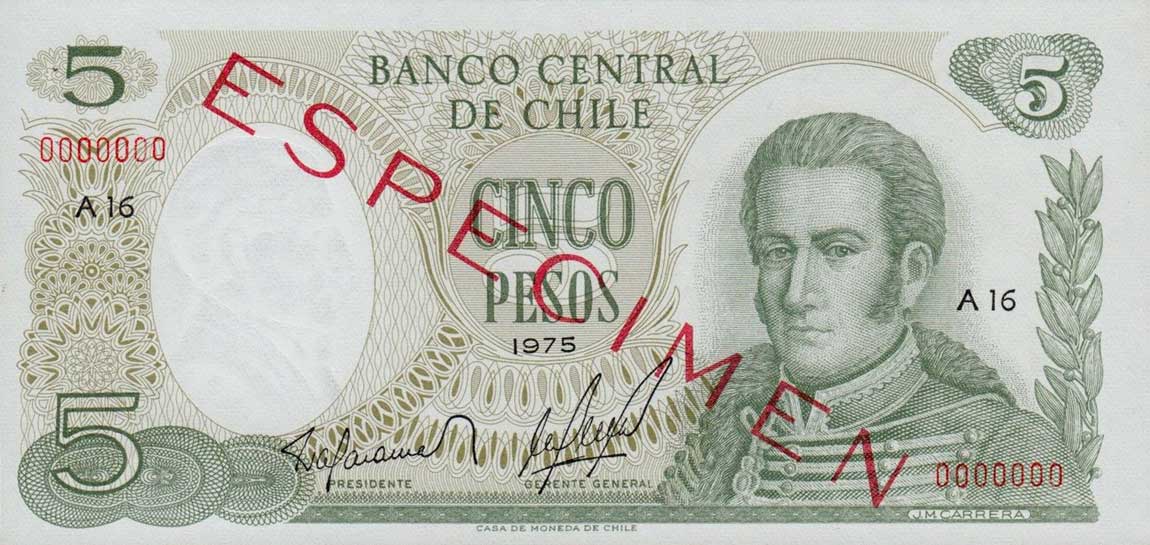 Front of Chile p149s: 5 Pesos from 1975