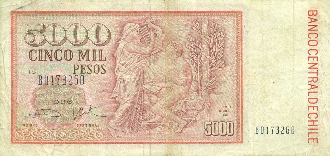 Front of Chile p155b: 5000 Pesos from 1986