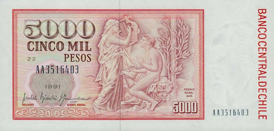 Back of Chile p155d: 5000 Pesos from 1991