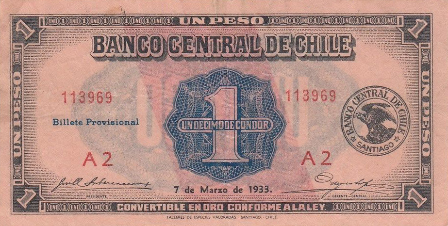 Front of Chile p88b: 1 Peso from 1933