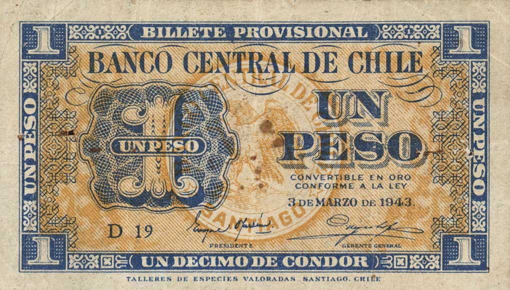Front of Chile p90d: 1 Peso from 1943