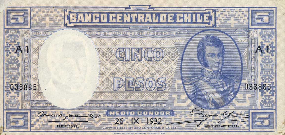 Front of Chile p91a: 5 Pesos from 1932