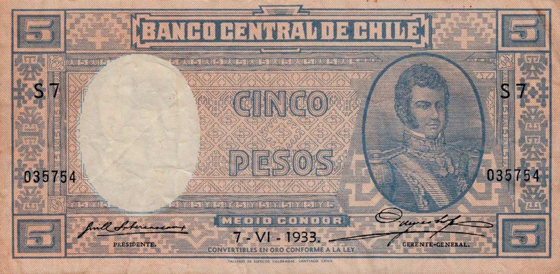 Front of Chile p91b: 5 Pesos from 1933