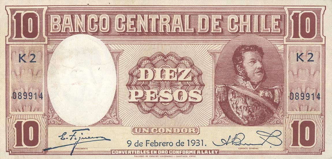 Front of Chile p92a: 10 Pesos from 1931