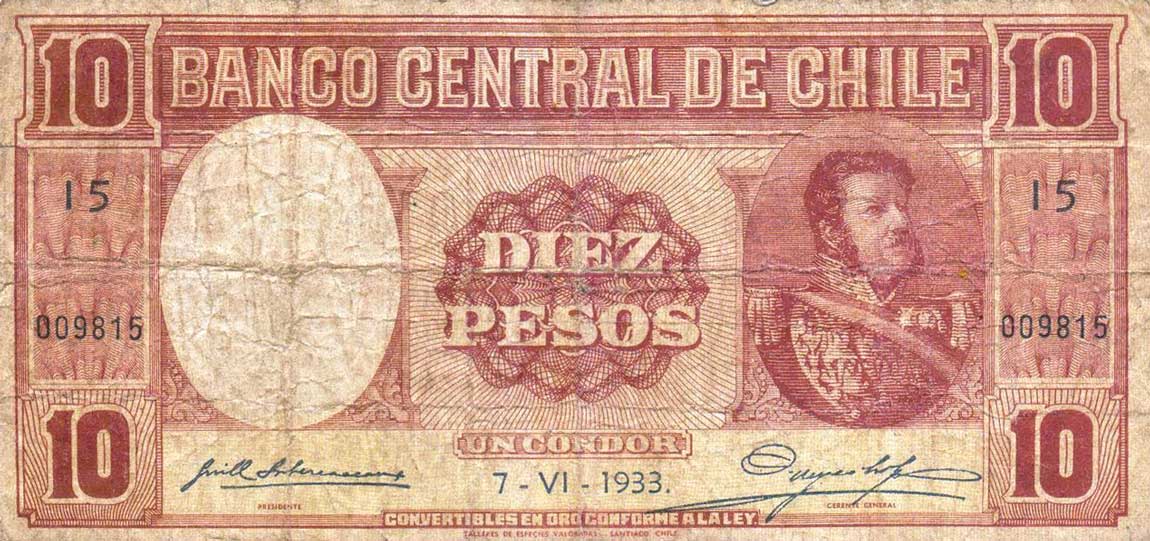 Front of Chile p92c: 10 Pesos from 1933