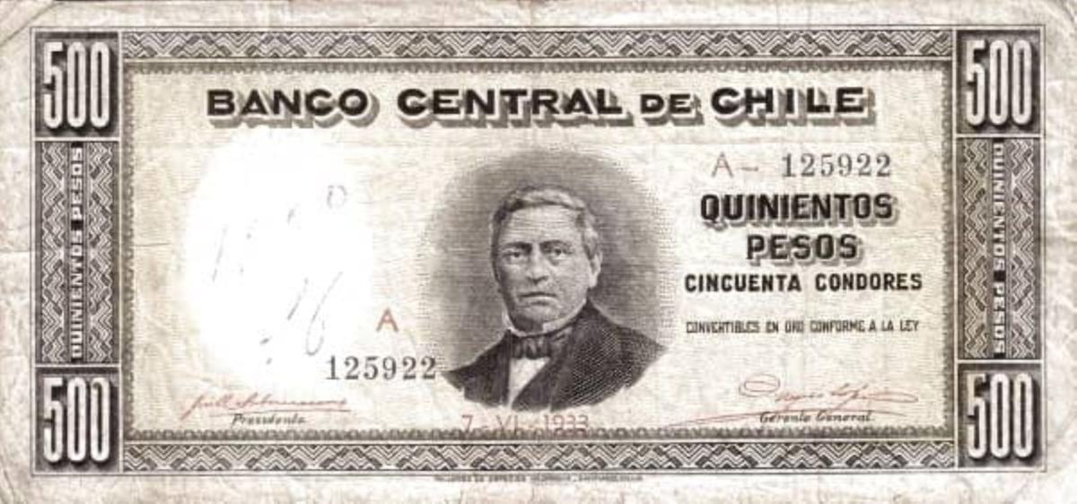 Front of Chile p97: 500 Pesos from 1933