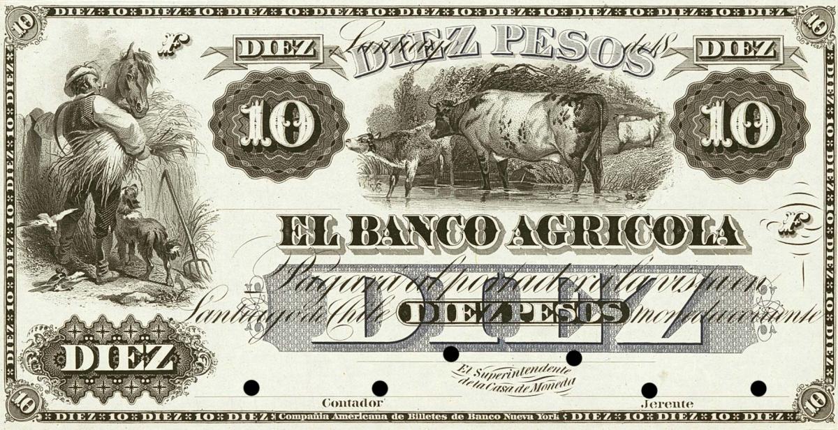 Front of Chile pS109: 10 Pesos from 1870