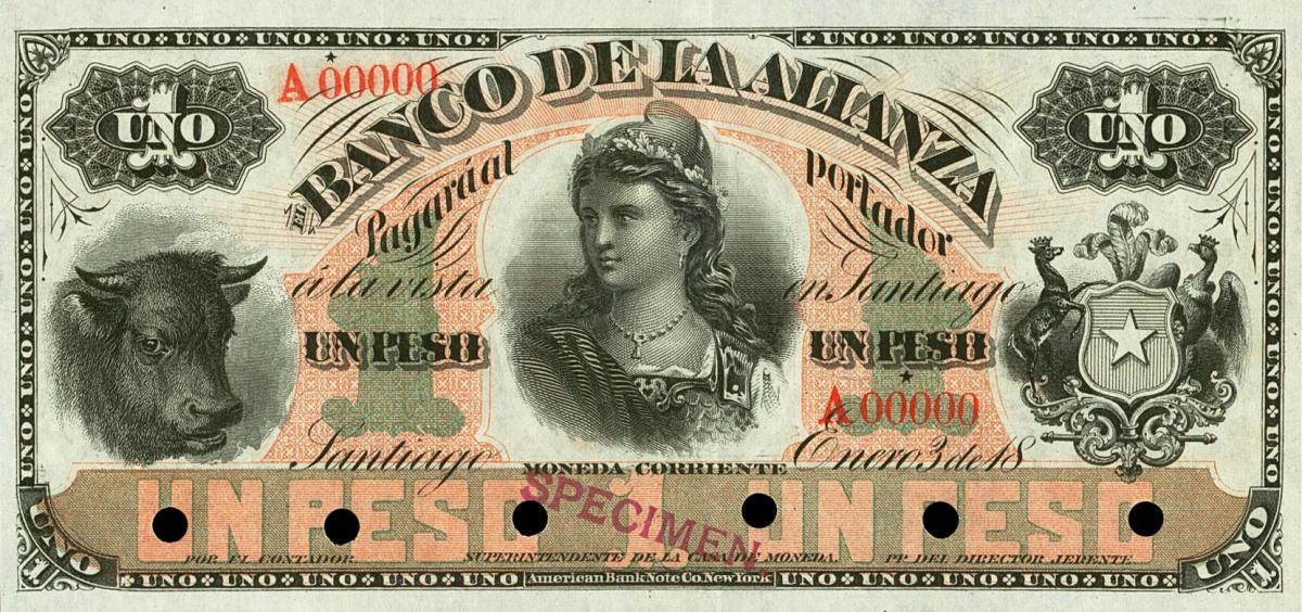 Front of Chile pS126s: 1 Peso from 1879