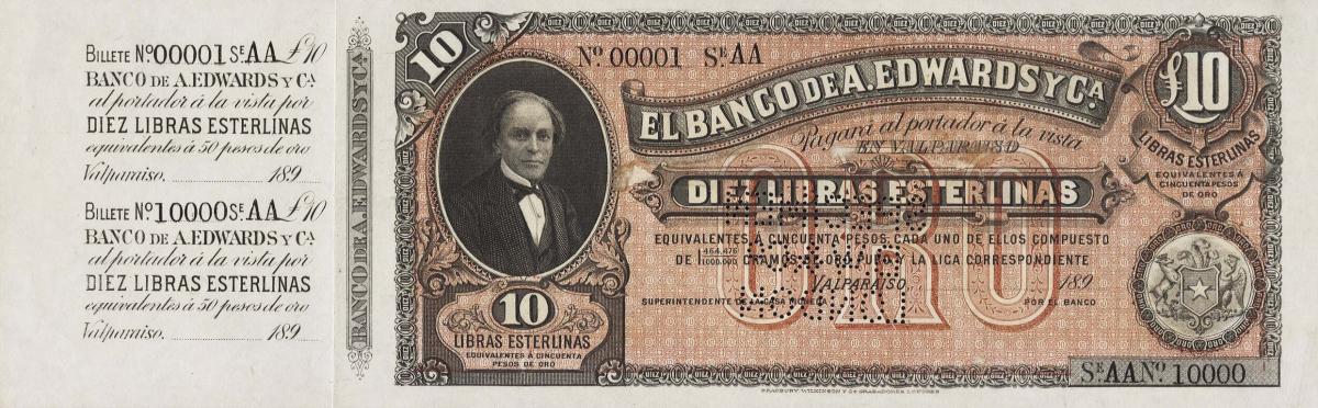 Front of Chile pS248s: 10 Pound Sterling from 1890