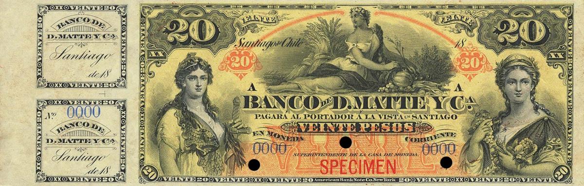 Front of Chile pS279s: 20 Pesos from 1888