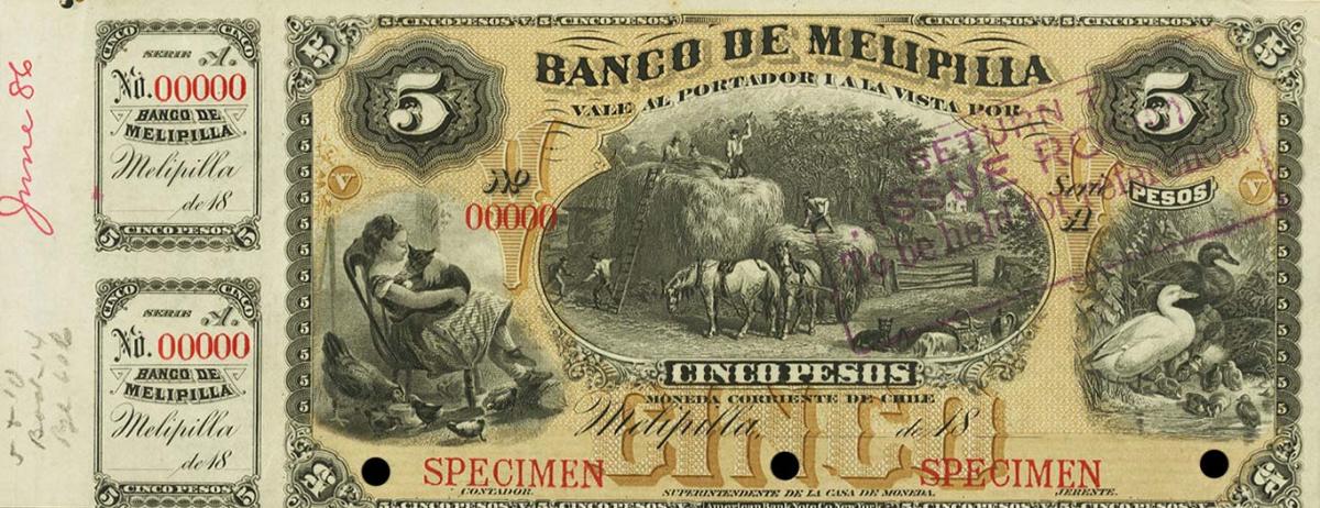 Front of Chile pS297s: 5 Pesos from 1887