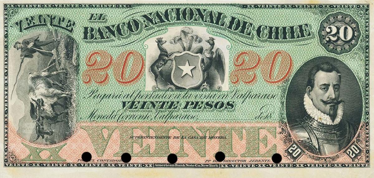 Front of Chile pS335p: 20 Pesos from 1878