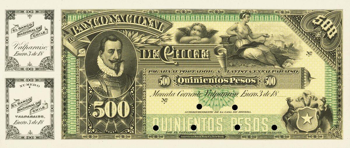 Front of Chile pS338p: 500 Pesos from 1879