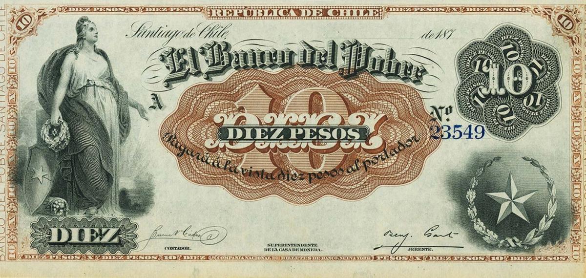 Front of Chile pS363r: 10 Pesos from 1877