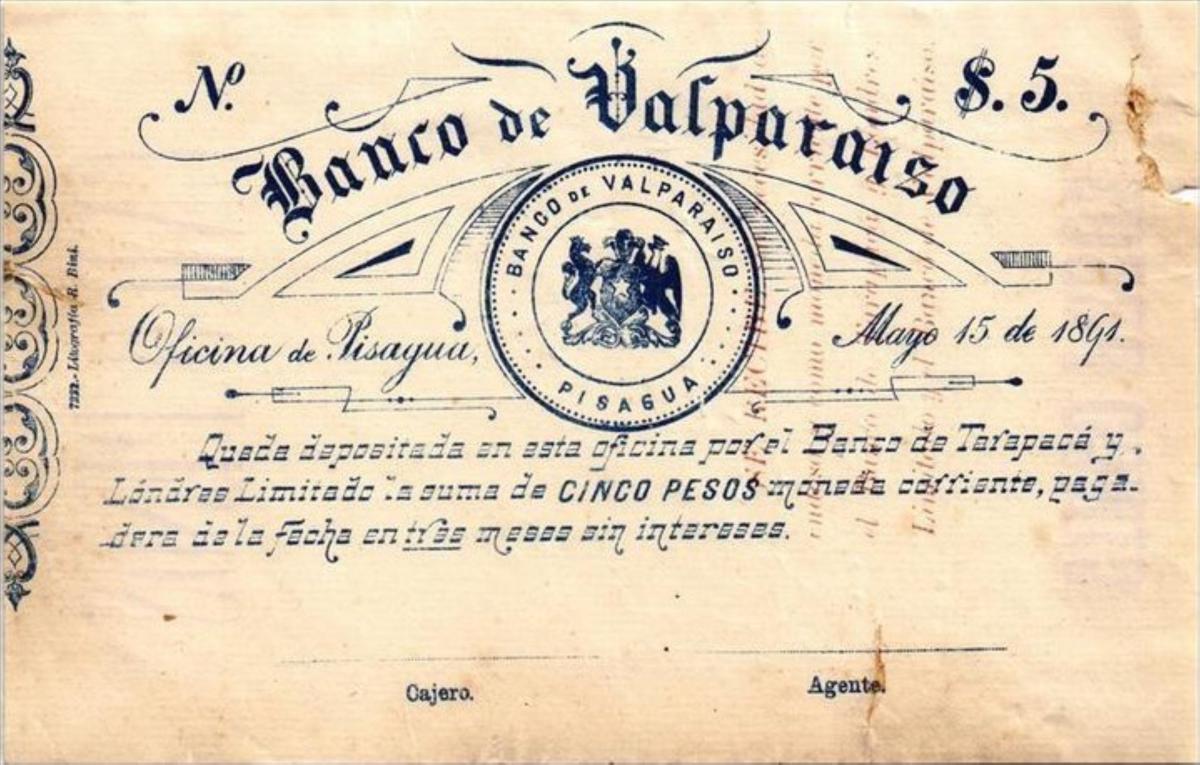 Front of Chile pS511: 5 Pesos from 1891