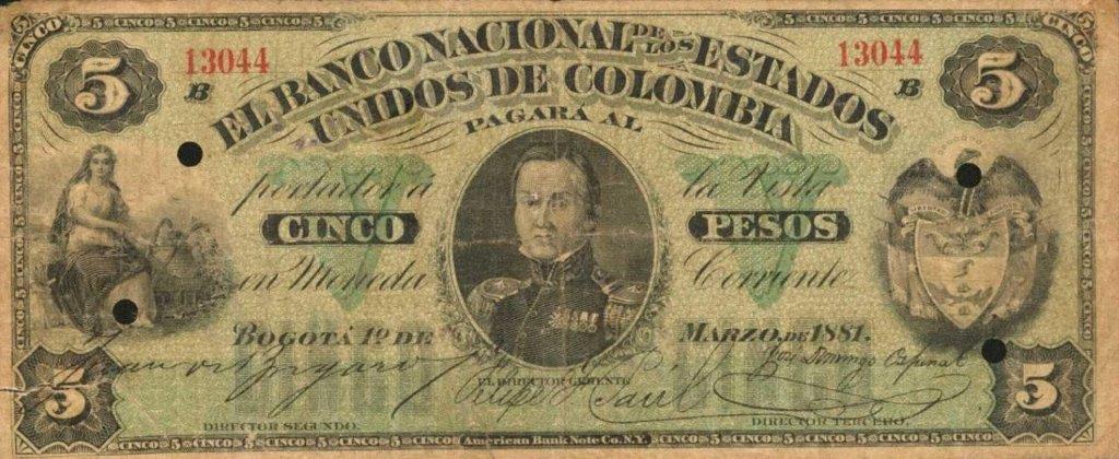 Front of Colombia p142a: 5 Pesos from 1881