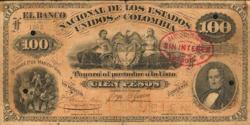 Front of Colombia p146: 100 Pesos from 1881