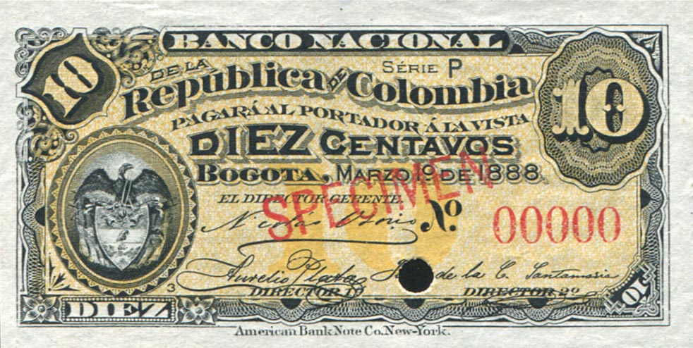 Front of Colombia p211s: 10 Centavos from 1888