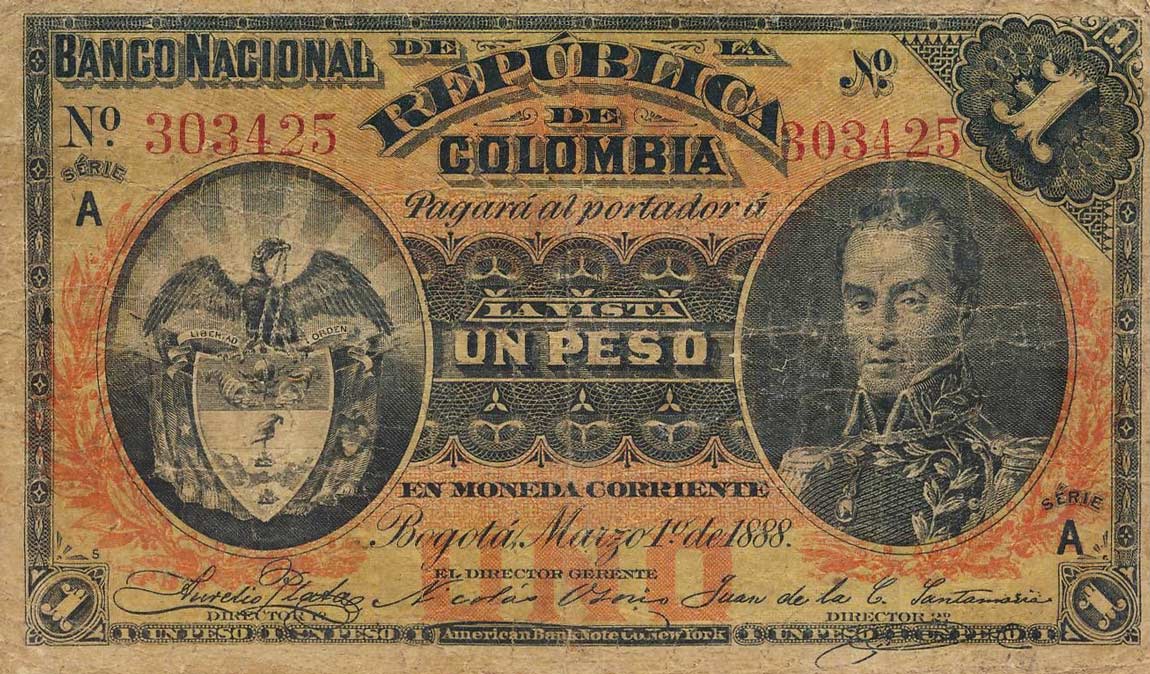 Front of Colombia p214a: 1 Peso from 1888