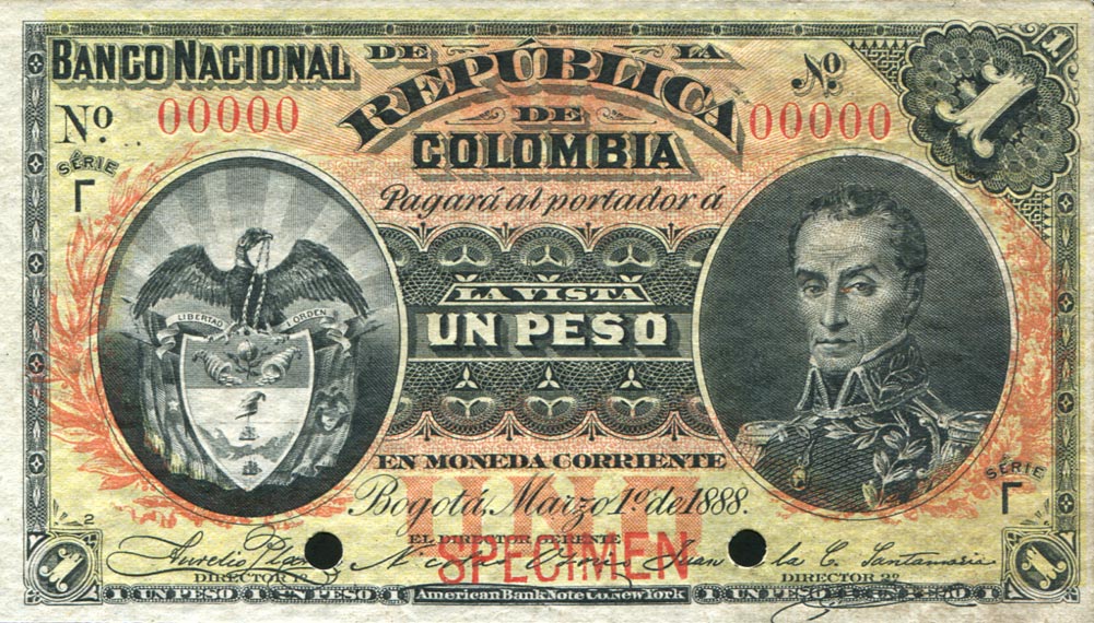 Front of Colombia p214s: 1 Peso from 1888