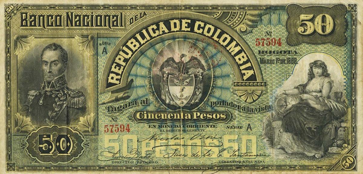 Front of Colombia p217a: 50 Pesos from 1888