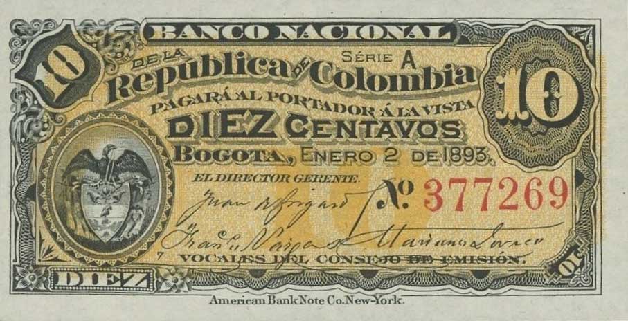 Front of Colombia p221a: 10 Centavos from 1893