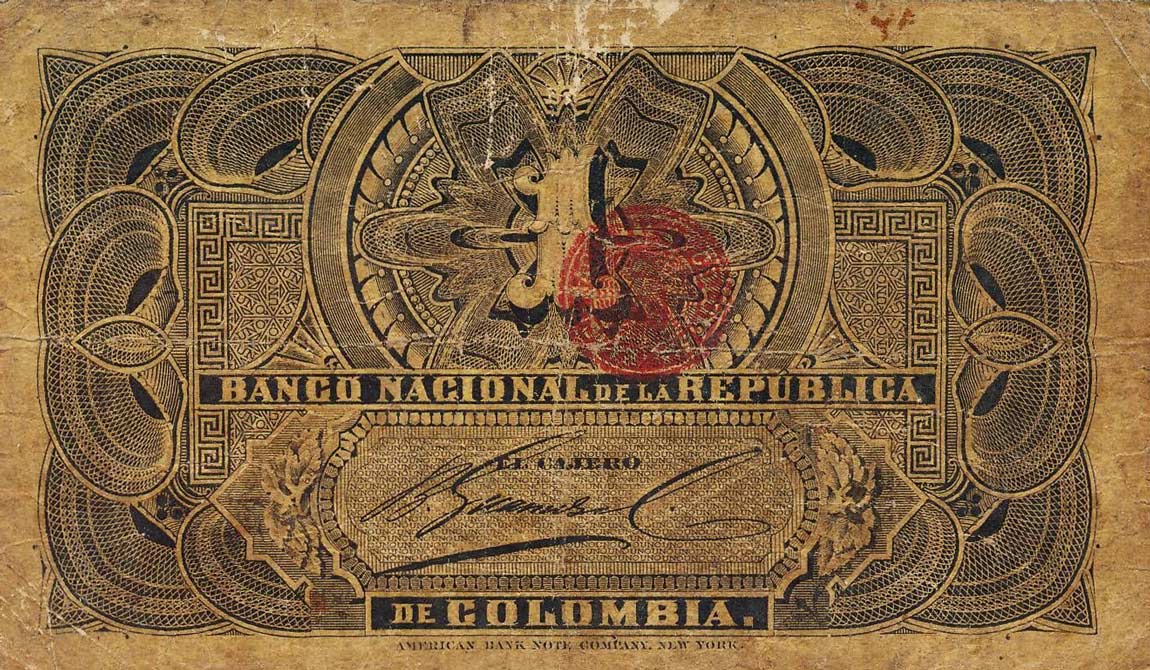 Back of Colombia p224a: 1 Peso from 1893