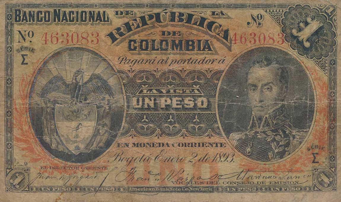 Front of Colombia p224a: 1 Peso from 1893