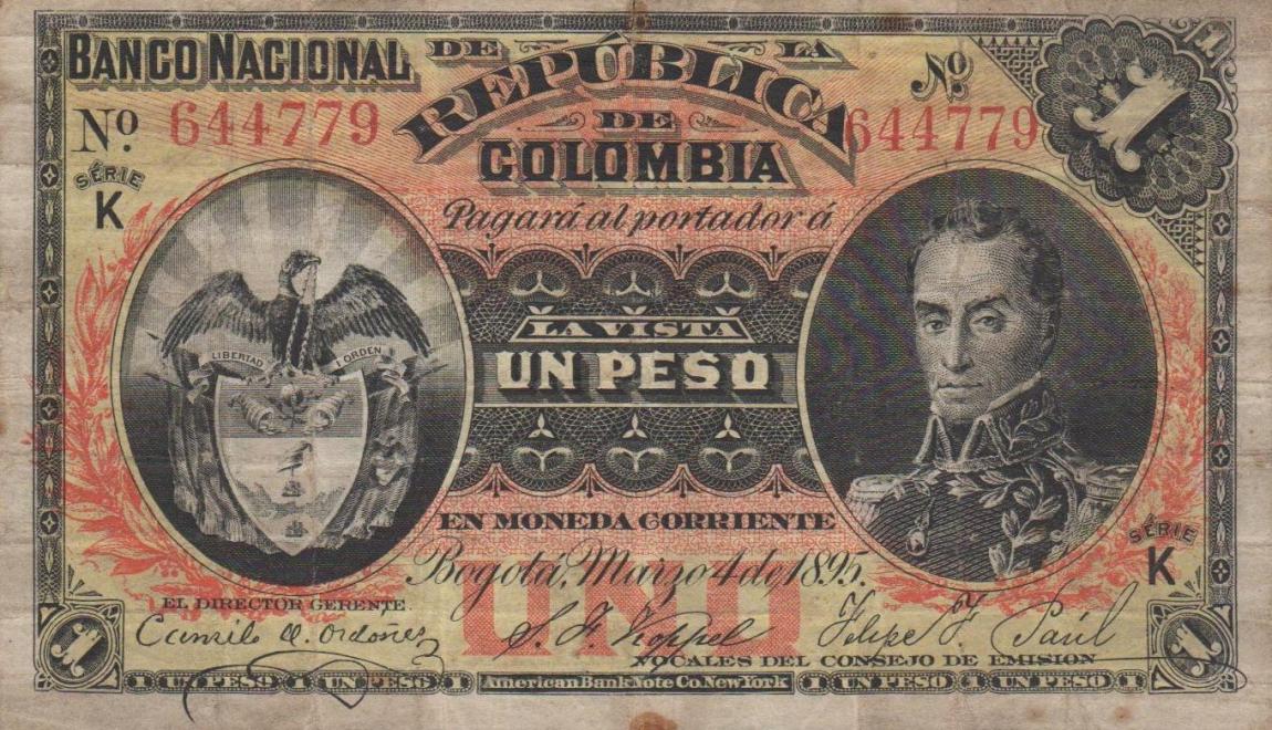 Front of Colombia p234a: 1 Peso from 1895