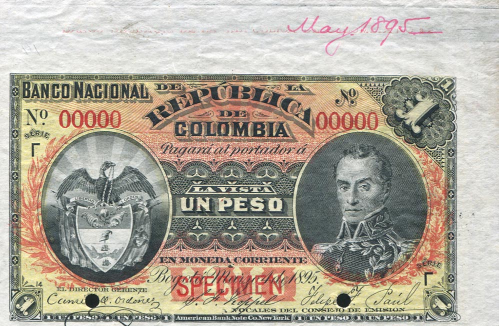 Front of Colombia p234s: 1 Peso from 1895